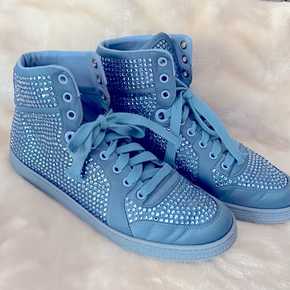 GUCCI 👟 RARE CODA BLUE SATIN LEATHER RHINESTONE CRYSTAL HIGH-TOP SNEAKERS 8.5 - Picture 2 of 15